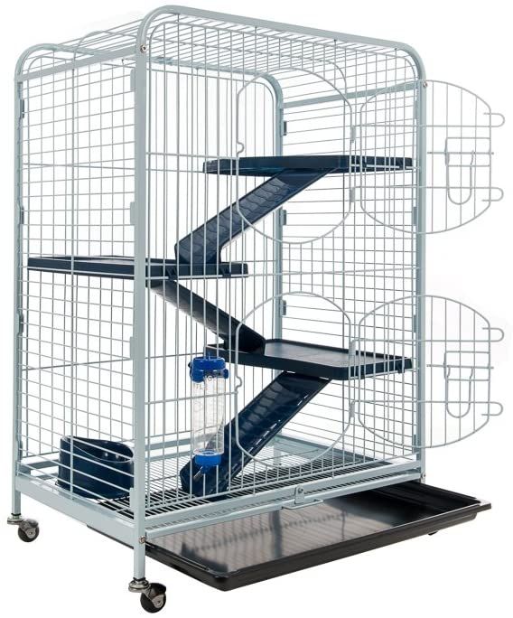 Cage à barreaux pour chinchilla, à quatre niveaux reliés par des rampes, avec biberon, écuelle et bac coulissant